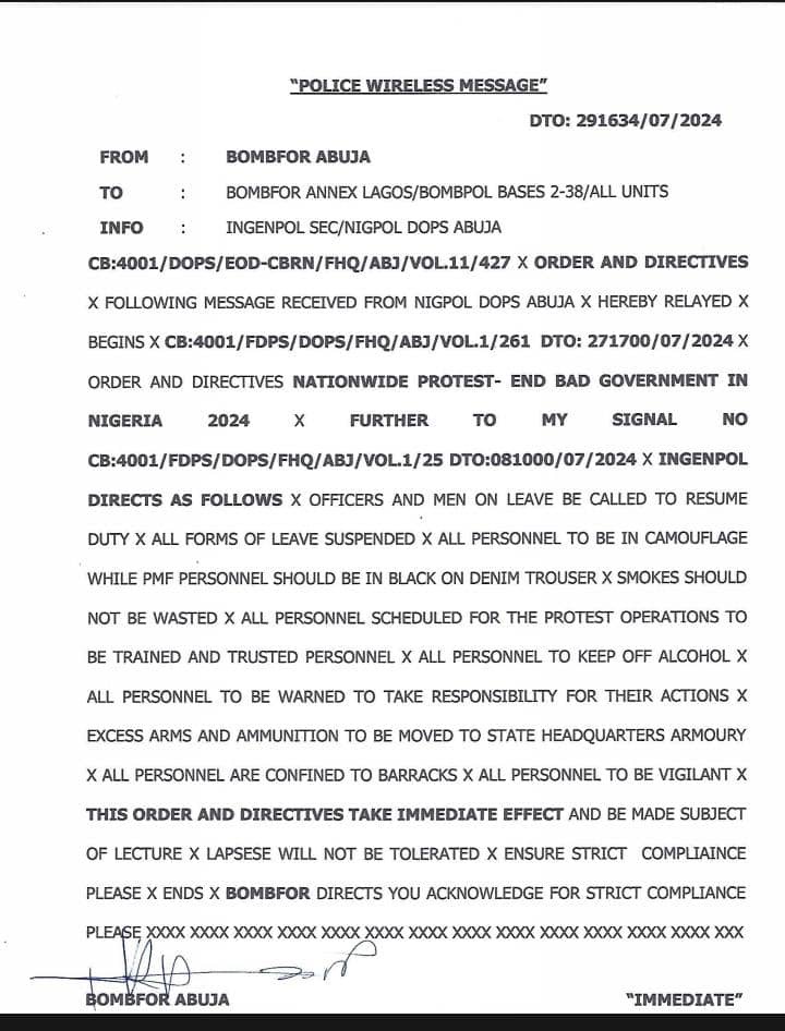 BREAKING: Nigerian Police Go On High Alert, Recall All Personnel On Leave, Ban Alcohol Consumption As #EndBadGovernance Protests Loom