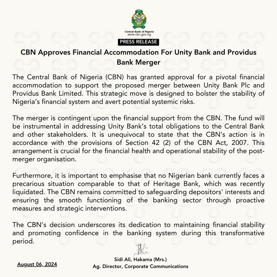 BREAKING: Nigeria’s Central Bank Approves Unity Bank, Providus Bank Merger